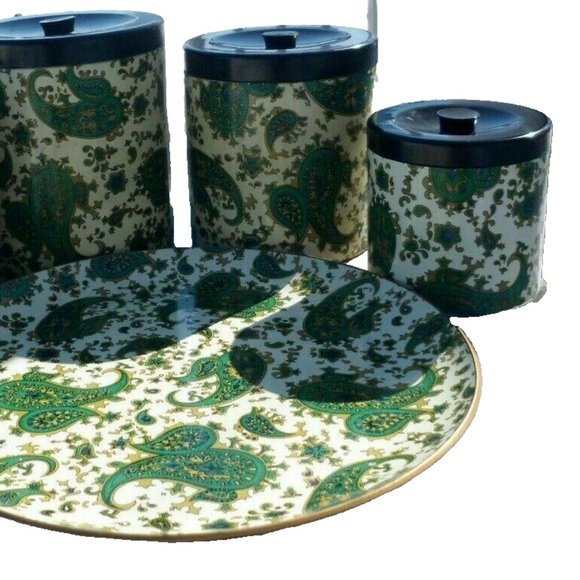 Vintage Kitchen Canister Set Takahashi Nesting Container Green Paisley Tray MCM - Picture 10 of 13